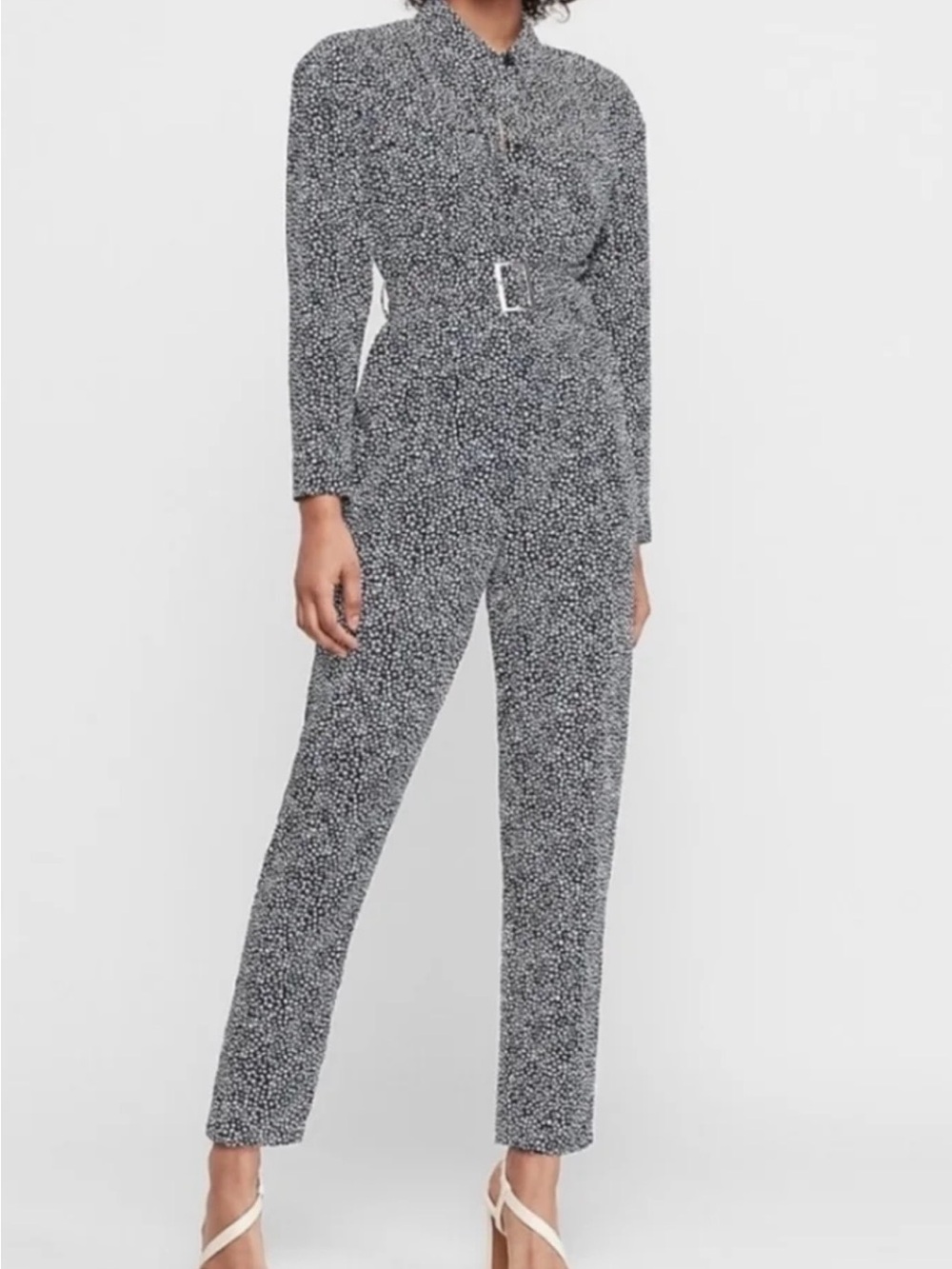 Express Black, White and Blue Printed Long-Sleeve Belted Jumpsuit Size XS